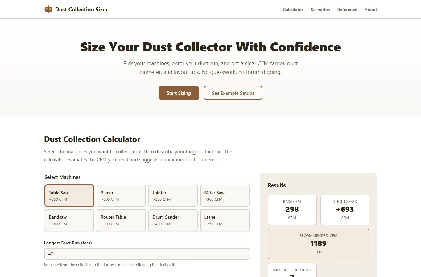 Screenshot of Workshop Dust Collector Sizing interface showing the project page in use